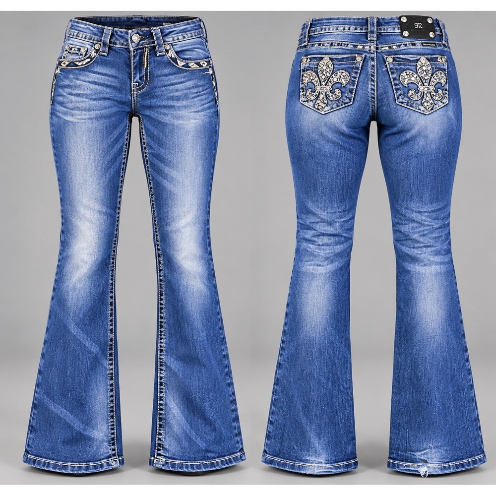 Miss Me jeans women's 26x30 sig boot medium  rhinestone fleur-de-Lis whiskering
